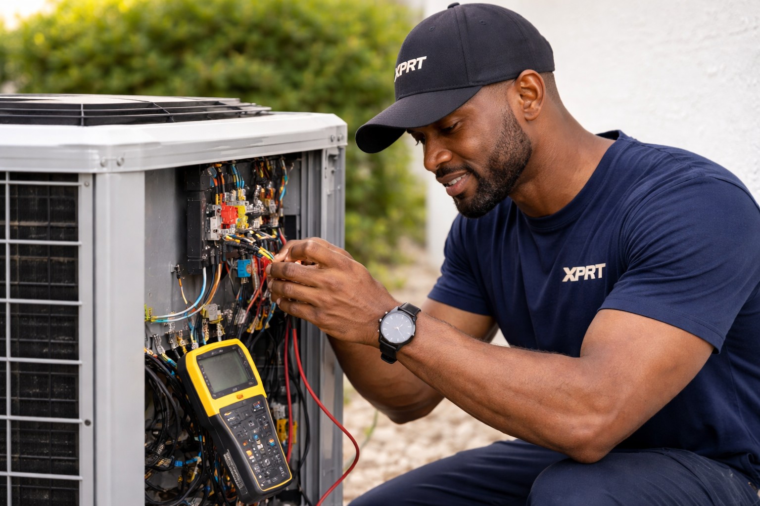 HVAC technician inspecting a condenser unit